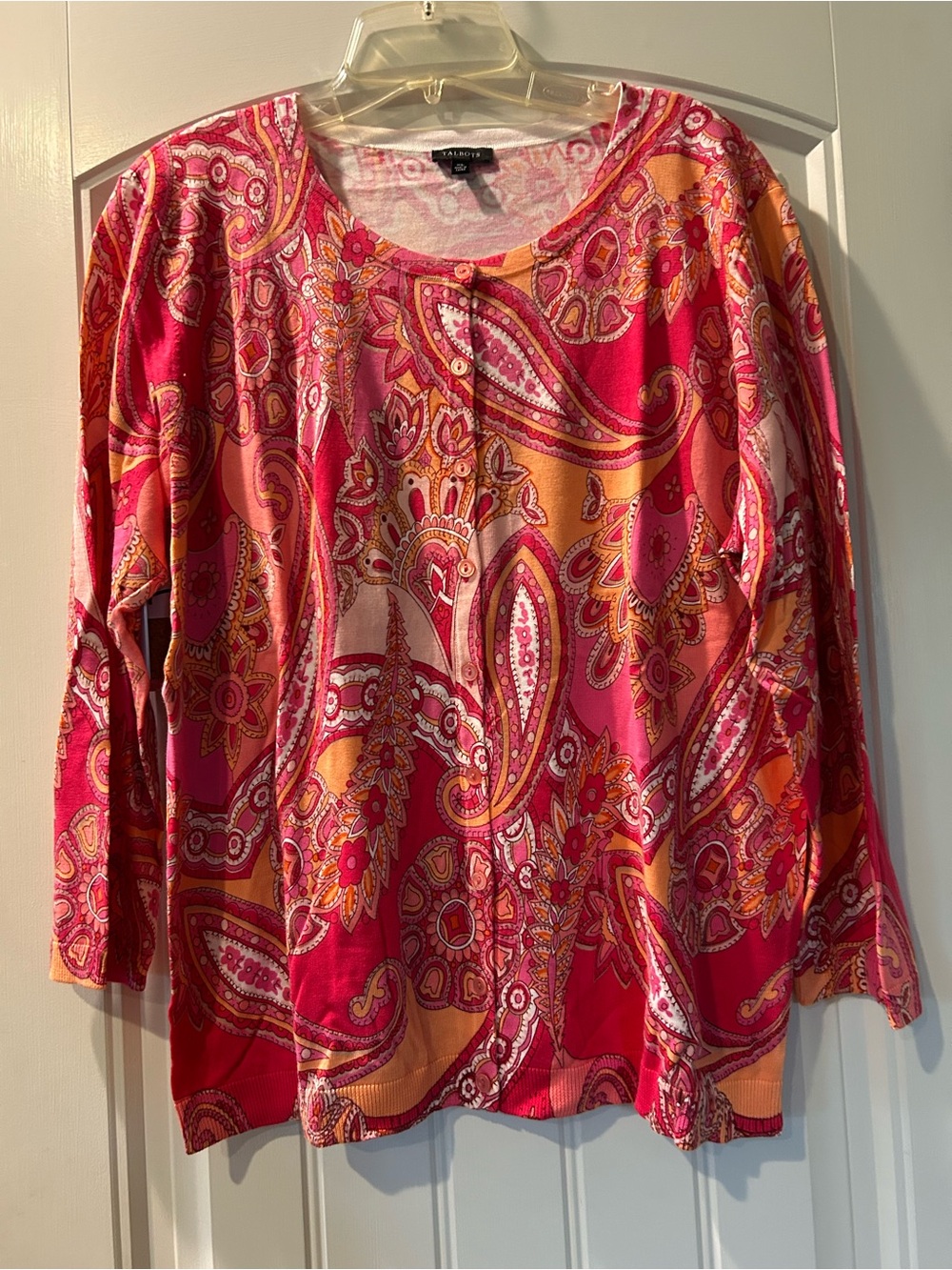 Talbots Charming Cardigan in Pink Orange Paisley.  NWT